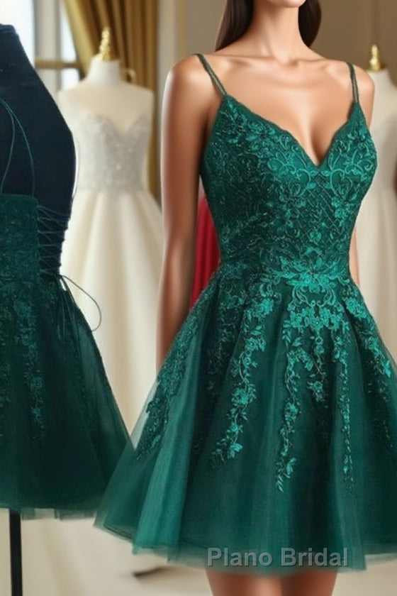 A Line V Neck Short Dark Green Lace Formal Prom Dresses, Dark Green Lace Formal Homecoming Dresses Main image