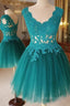 A Line V Neck Short Green-Blue Lace Formal Prom Dresses, Short Lace Formal Graduation Dresses