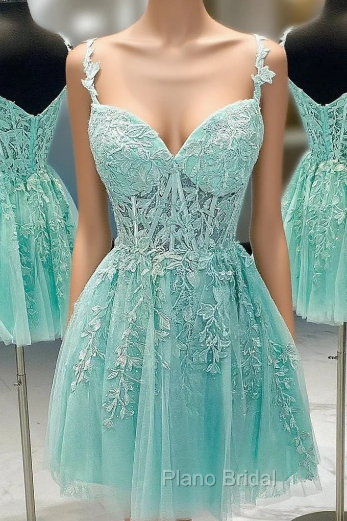 A Line V Neck Short Green Lace Formal Prom Dresses, Short Green Lace Formal Homecoming Dresses
