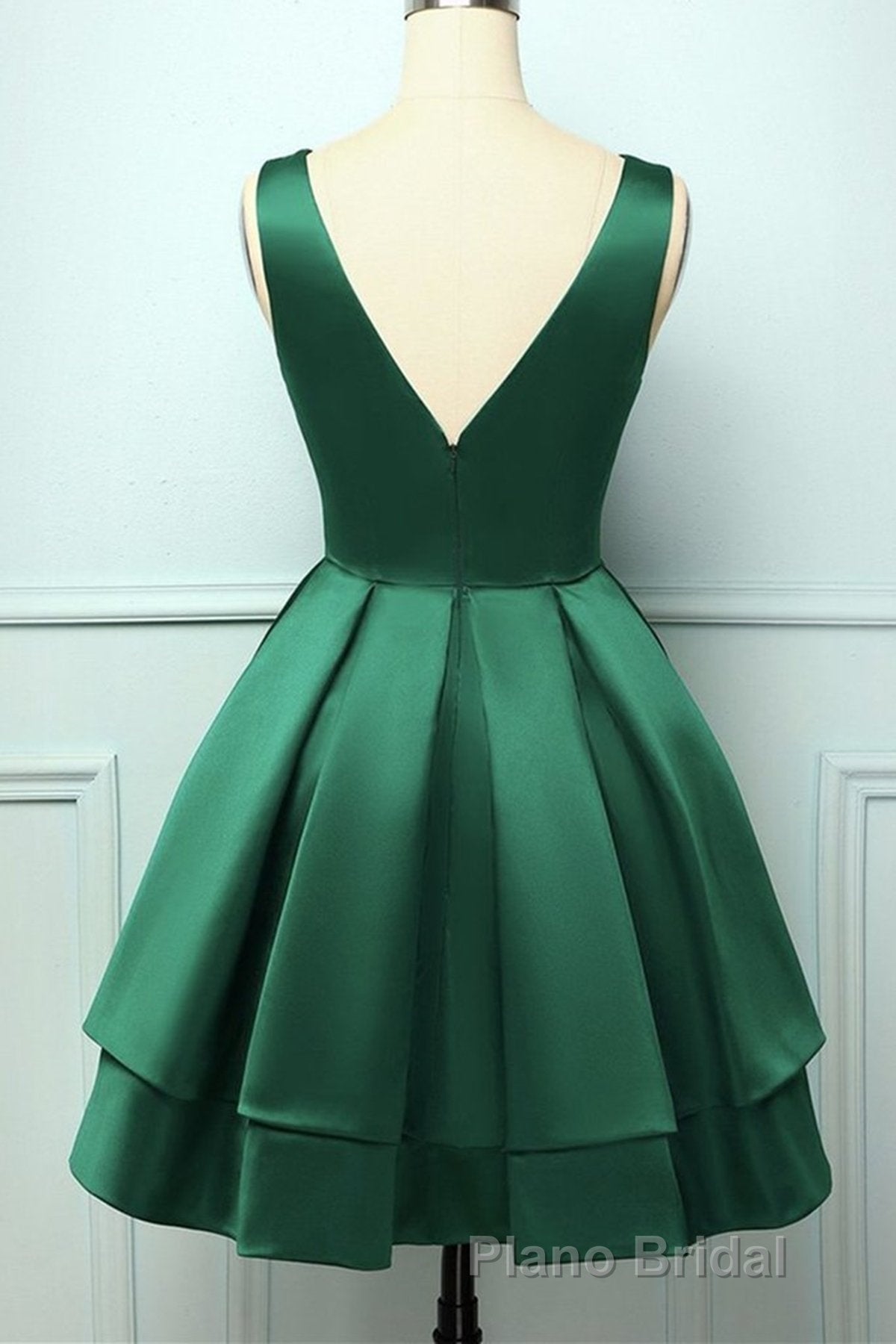 A Line V Neck Short Green Satin Formal Prom Dresses, Short Green Satin Homecoming Graduation Dresses Secondary image