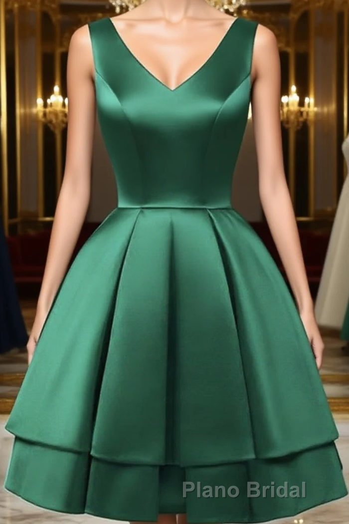 A Line V Neck Short Green Satin Formal Prom Dresses, Short Green Satin Homecoming Graduation Dresses Main image