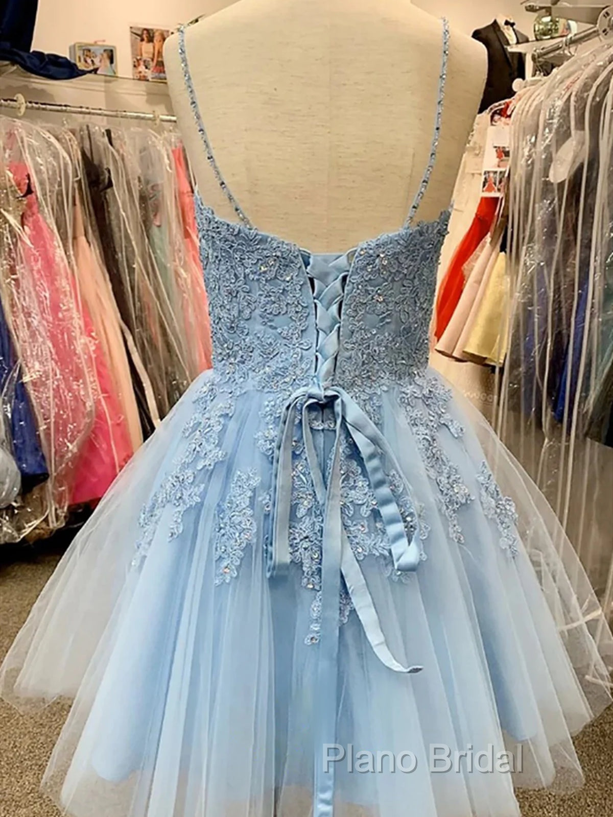A Line V Neck Short Light Blue Lace Formal Prom Dresses, Short Light Blue Lace Homecoming Dresses Secondary image