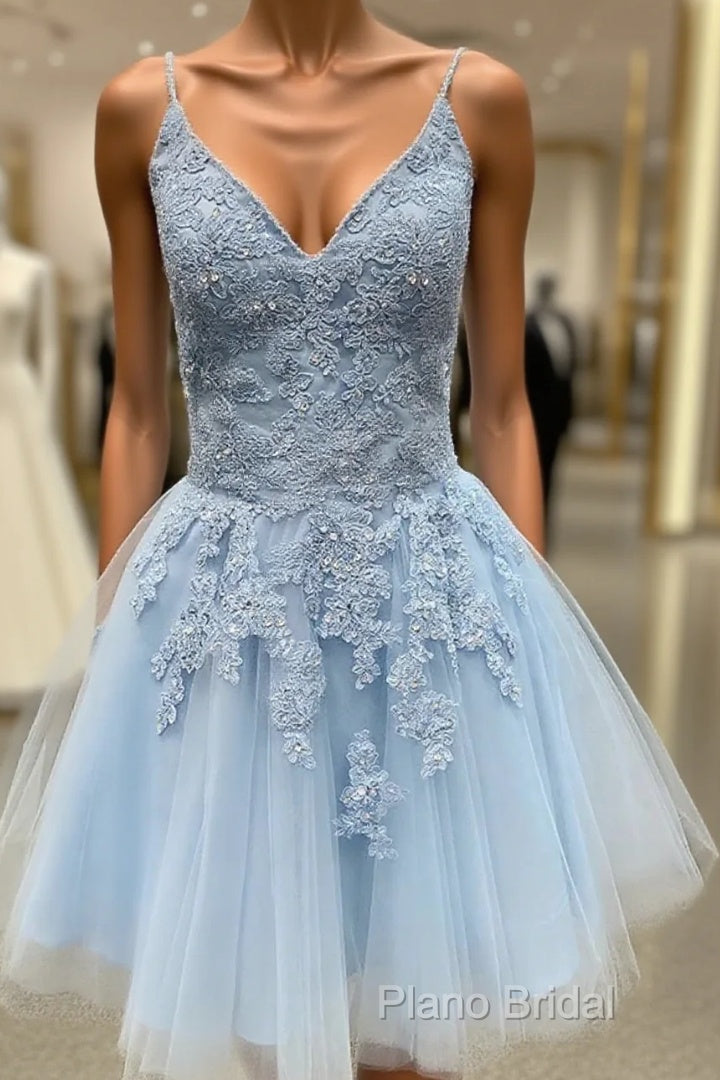A Line V Neck Short Light Blue Lace Formal Prom Dresses, Short Light Blue Lace Homecoming Dresses Main image