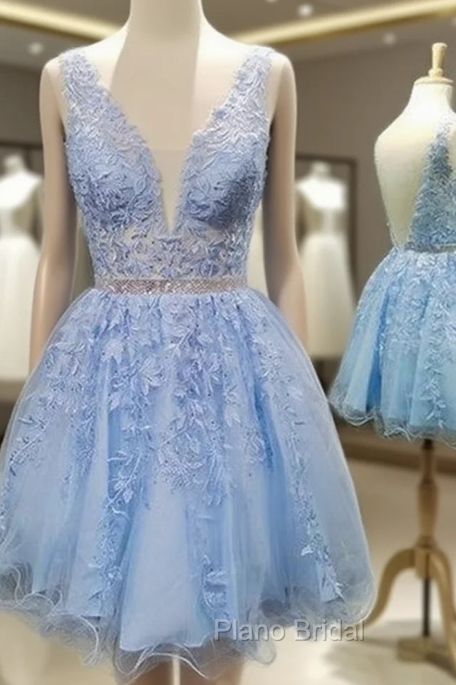 A-line V Neck Short/Mini Lace Homecoming Dresses With Appliqued Beading