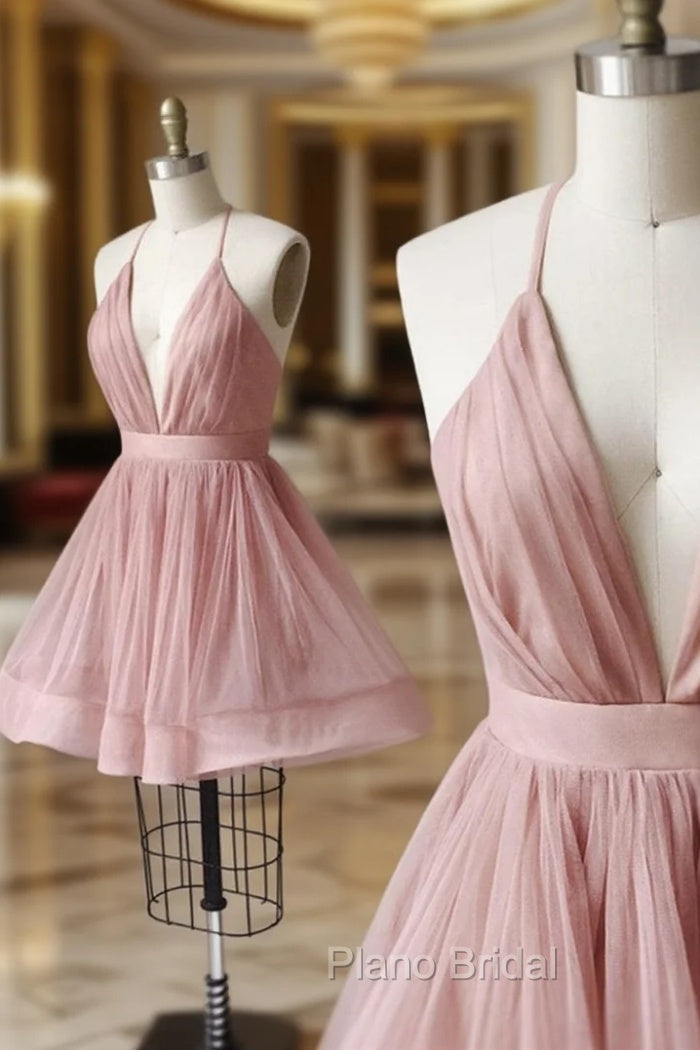 A Line V Neck Short Pink Formal Prom Dresses, Short Pink V Neck Graduation Homecoming Dresses Main image