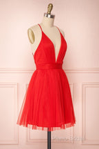 A Line V Neck Short Red/Burgundy Tulle Formal Prom Dresses, Short Red/Burgundy Graduation Homecoming Dresses