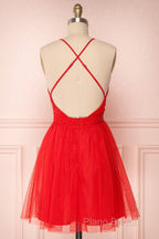 A Line V Neck Short Red/Burgundy Tulle Formal Prom Dresses, Short Red/Burgundy Graduation Homecoming Dresses