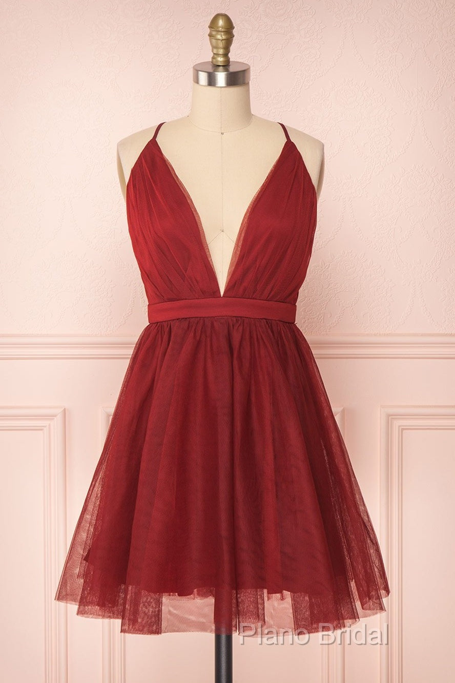 A Line V Neck Short Red/Burgundy Tulle Formal Prom Dresses, Short Red/Burgundy Graduation Homecoming Dresses