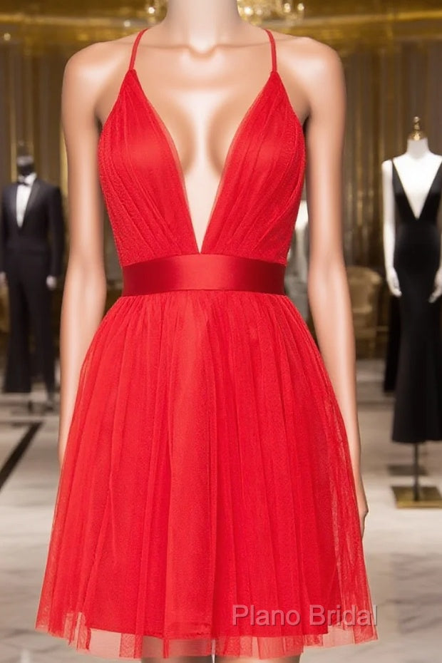 A Line V Neck Short Red/Burgundy Tulle Formal Prom Dresses, Short Red/Burgundy Graduation Homecoming Dresses Main image