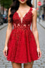 A Line V Neck Short Red Lace Formal Prom Dress, Red Lace Formal Graduation Homecoming Dress