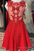 A Line V Neck Short Red Lace Formal Prom Dress, Red Lace Formal Graduation Homecoming Dress