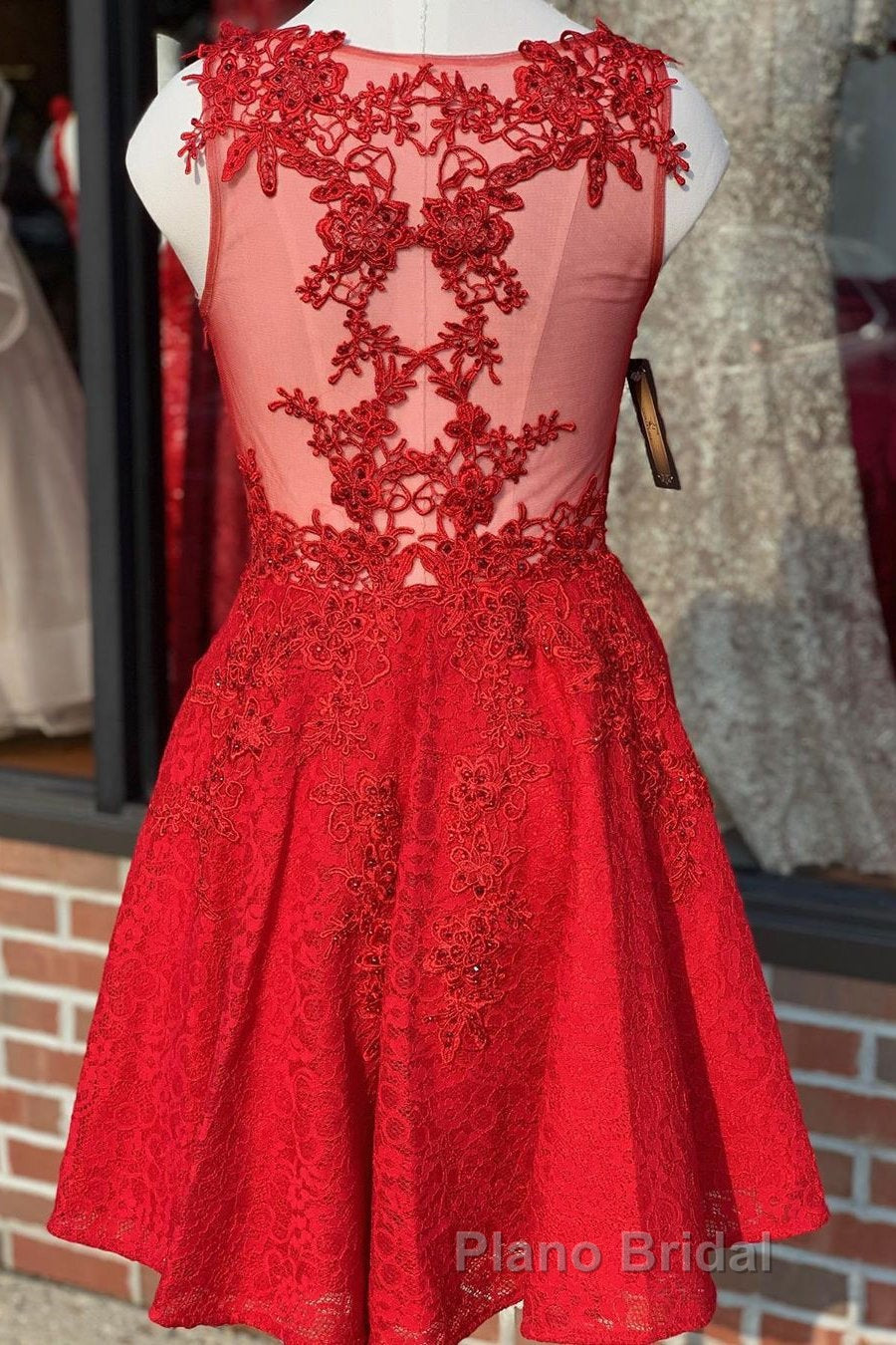 A Line V Neck Short Red Lace Formal Prom Dress, Red Lace Formal Graduation Homecoming Dress
