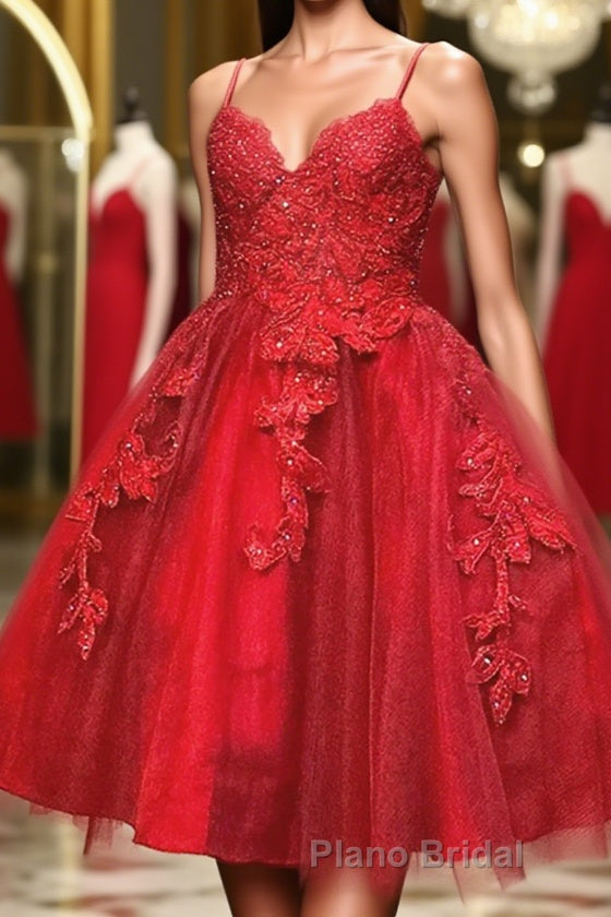A Line V Neck Short Red Lace Formal Prom Dresses, Short Red Lace Formal Homecoming Dresses Main image