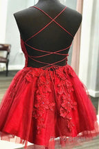 A Line V Neck Short Red Lace Formal Prom Dresses, Short Red Lace Formal Homecoming Dresses