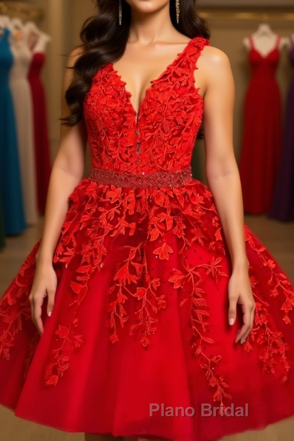 A Line V Neck Short Red Lace Formal Prom Dresses, Short Red Lace Formal Homecoming Dresses