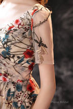 A Line V-Neck Short Sleeve Embroidery Tulle Tea Length Short Homecoming Dresses