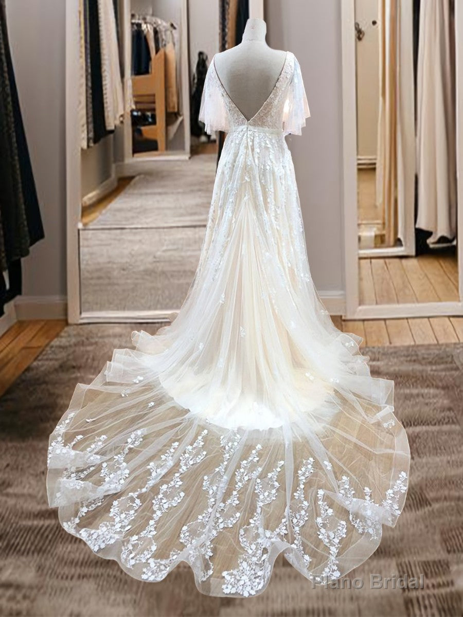 A-line V-neck Short Sleeves Appliques Lace Sweep Train Tulle Wedding Dress Secondary image