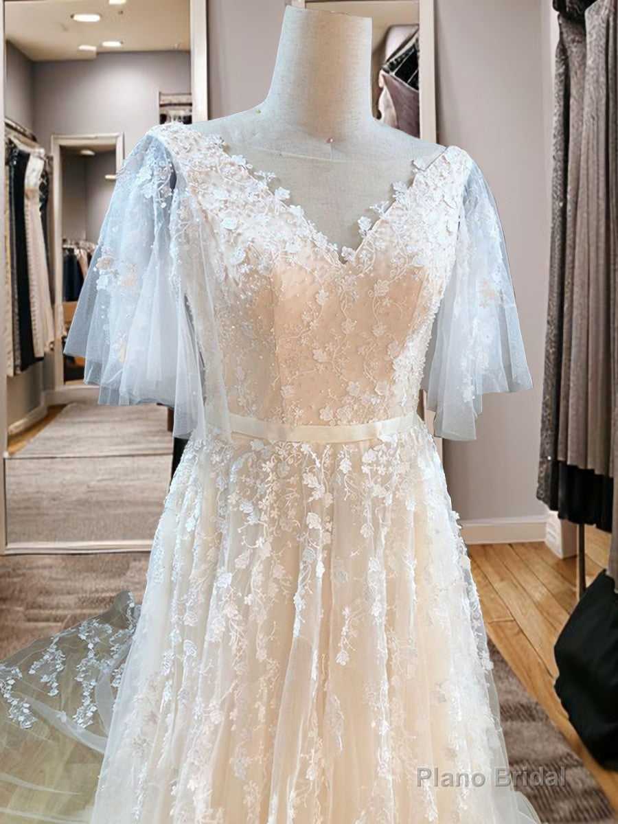 A-line V-neck Short Sleeves Appliques Lace Sweep Train Tulle Wedding Dress