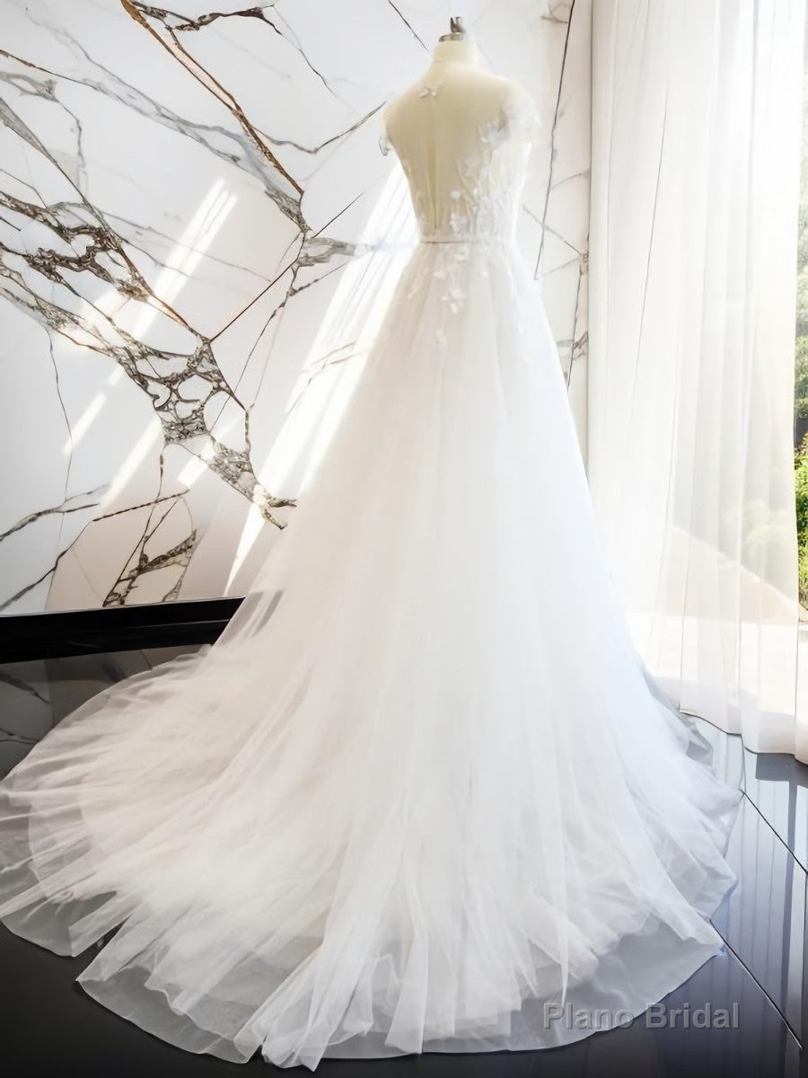 A-line V-neck Short Sleeves Hand-Made Flower Court Train Tulle Wedding Dress Main image