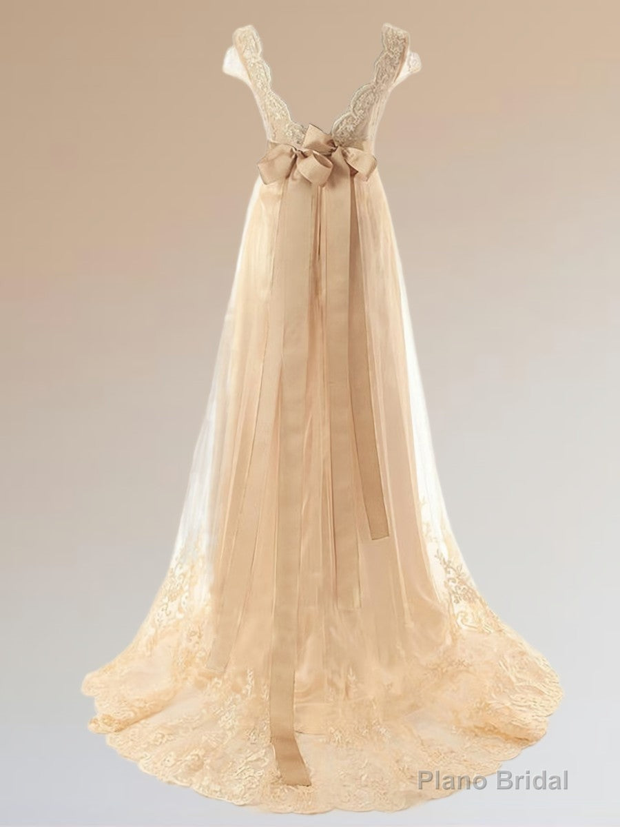 A-line V-neck Short Sleeves Sash/Ribbon/Belt Sweep Train Tulle Wedding Dress Secondary image