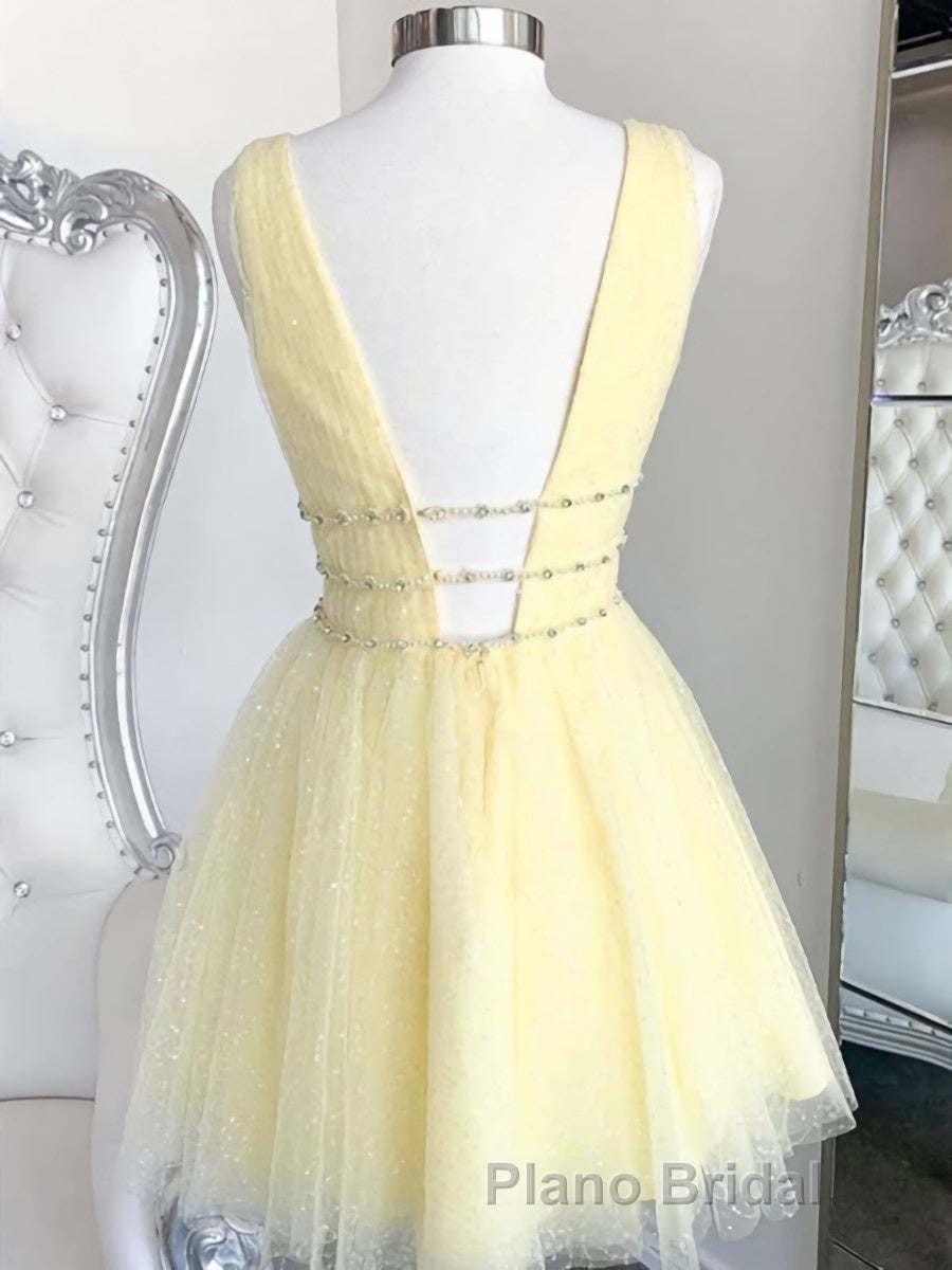 A Line V Neck Short Yellow Formal Prom Dresses, Short V Neck Yellow Formal Homecoming Dresses Secondary image