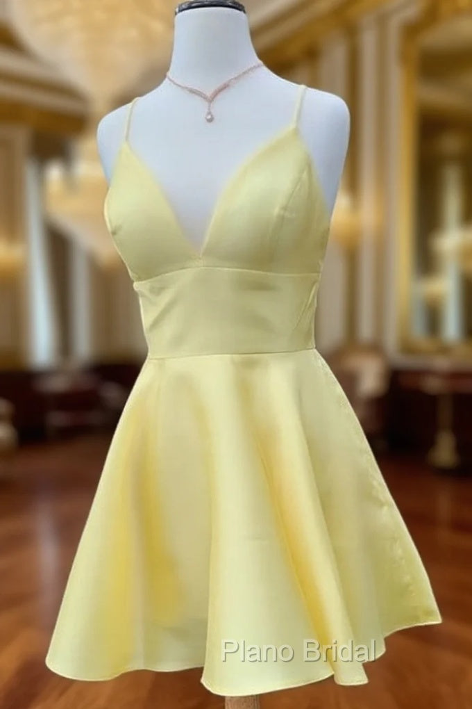 A Line V Neck Short Yellow Formal Prom Dresses, Short Yellow V Neck Graduation Homecoming Dresses Main image