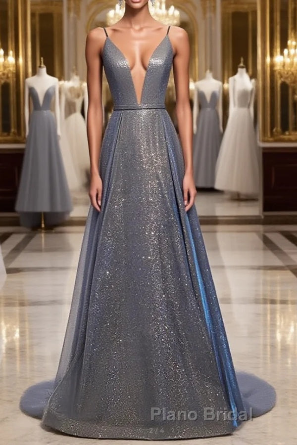 A Line V Neck Silver Gray Long Formal Prom Dresses, Gray Long Formal Evening Dresses