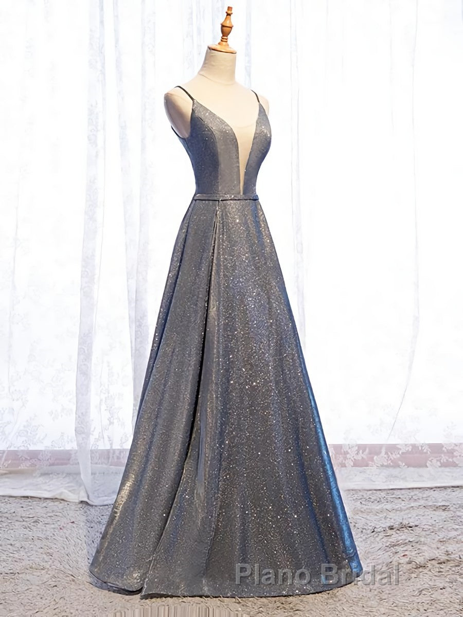 A Line V Neck Silver Gray Long Formal Prom Dresses, Gray Long Formal Evening Dresses Secondary image