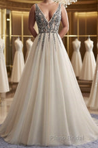 A Line V Neck Silver Gray Long Formal Prom Dresses, Silver Grey Beaded Long Formal Evening Dresses