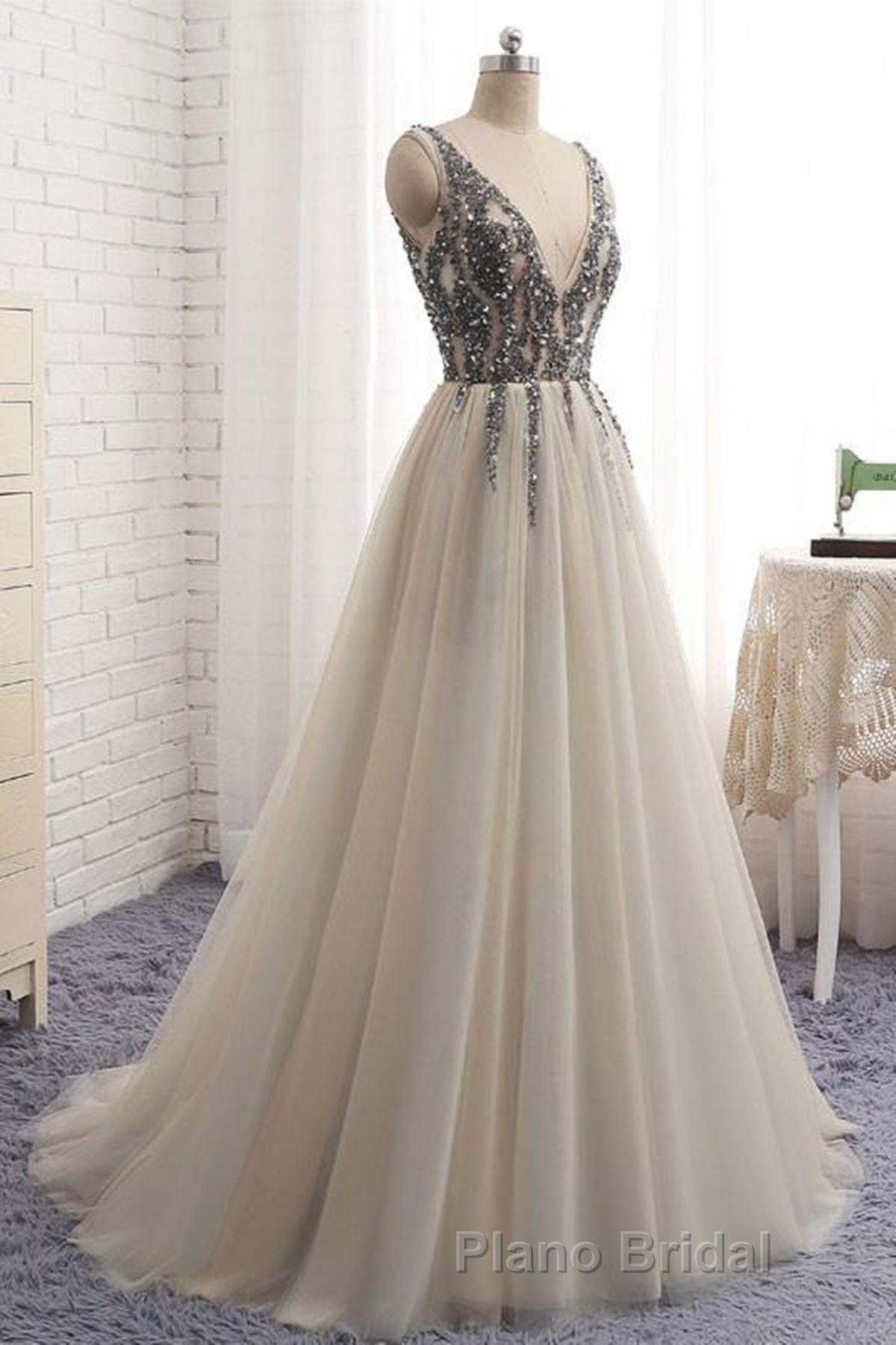 A Line V Neck Silver Gray Long Formal Prom Dresses, Silver Grey Beaded Long Formal Evening Dresses Secondary image