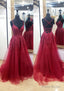 A-line V Neck Sleeveless Chapel Train Tulle Prom Dresses With Appliqued Lace