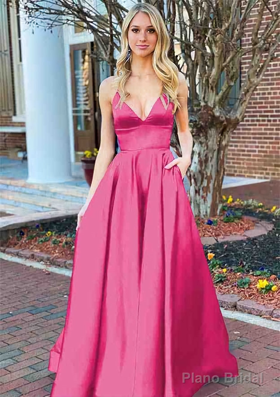 A-line V Neck Sleeveless Charmeuse Long/Floor-Length Prom Dresses With Pockets