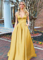 A-line V Neck Sleeveless Charmeuse Long/Floor-Length Prom Dresses With Pockets
