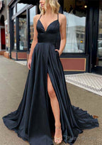 A-line V Neck Sleeveless Charmeuse Sweep Train Prom Dresses With Pockets