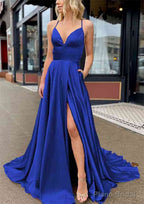 A-line V Neck Sleeveless Charmeuse Sweep Train Prom Dresses With Pockets
