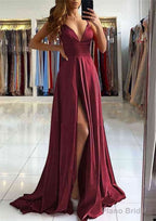 A-line V Neck Sleeveless Charmeuse Sweep Train Prom Dresses With Split