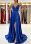 A-line V Neck Sleeveless Charmeuse Sweep Train Prom Dresses With Split