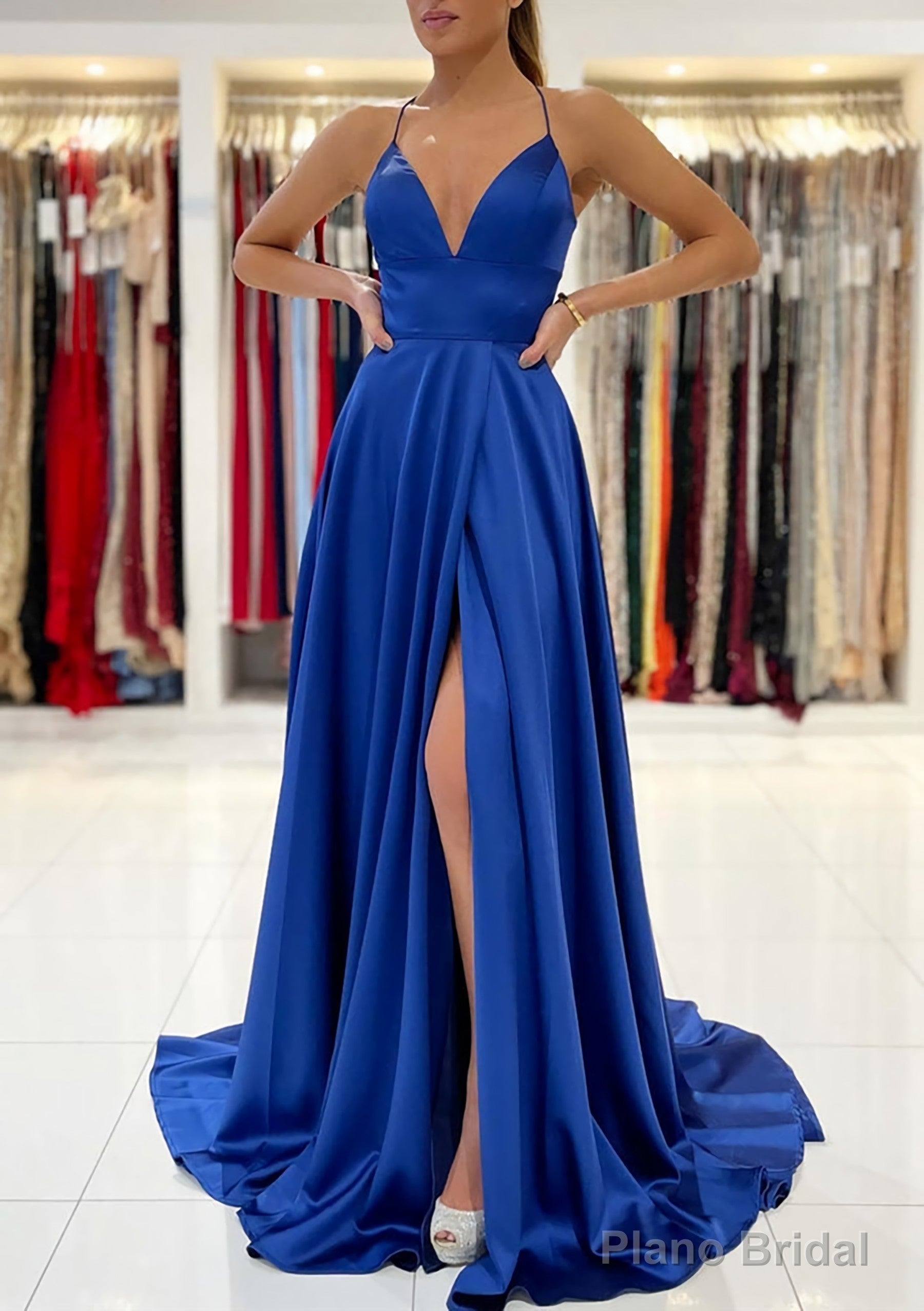 A-line V Neck Sleeveless Charmeuse Sweep Train Prom Dresses With Split Main image