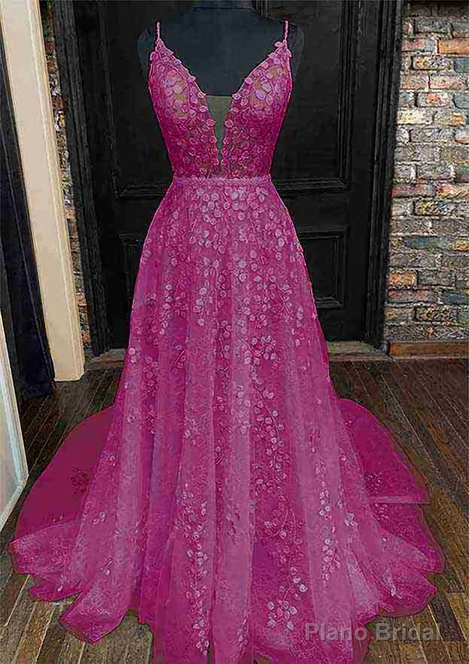 A-line V Neck Sleeveless Lace Court Train Prom Dresses With Pleated