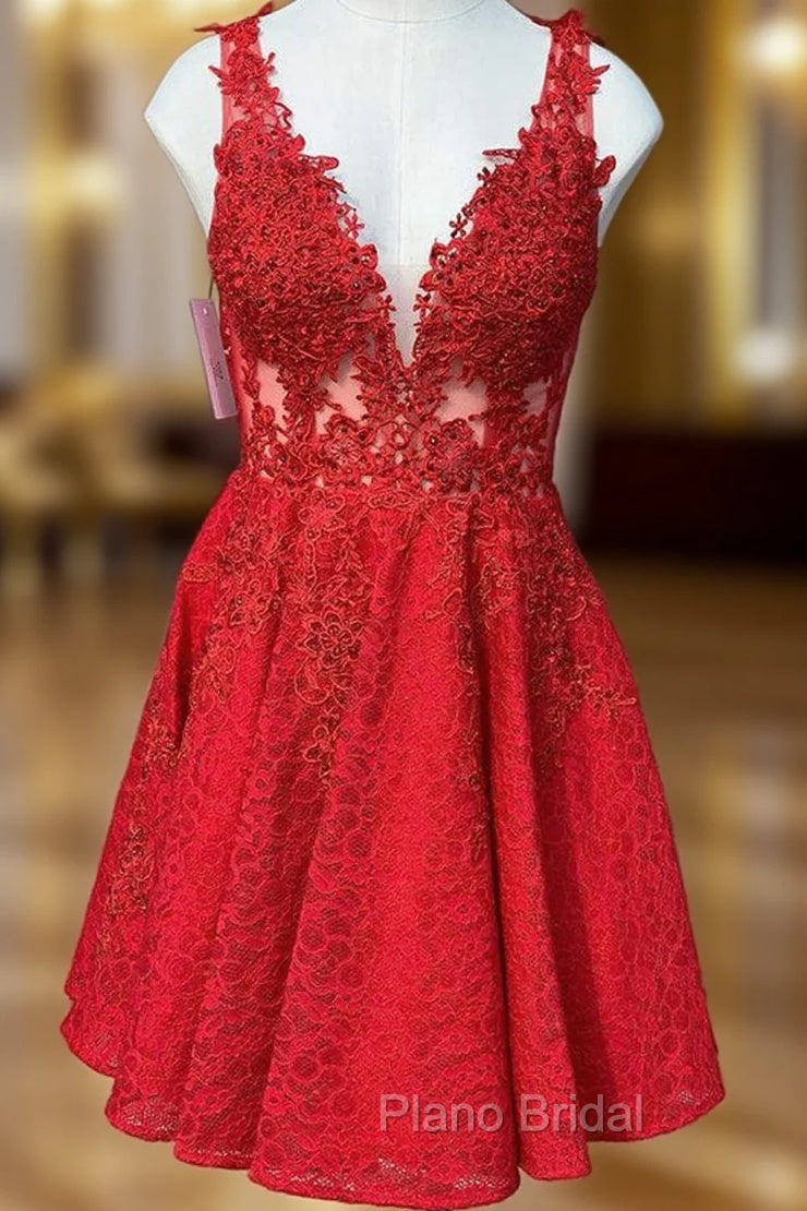 A-line V Neck Sleeveless Lace Short/Mini Homecoming Dresses With Beading Main image