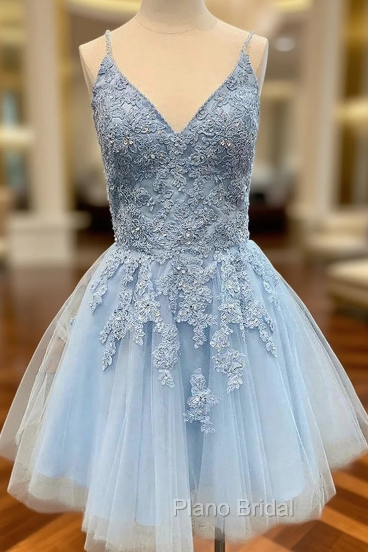 A-line V Neck Sleeveless Lace Tulle Satin Short/Mini Homecoming Dresses With Appliqued Sequins Main image