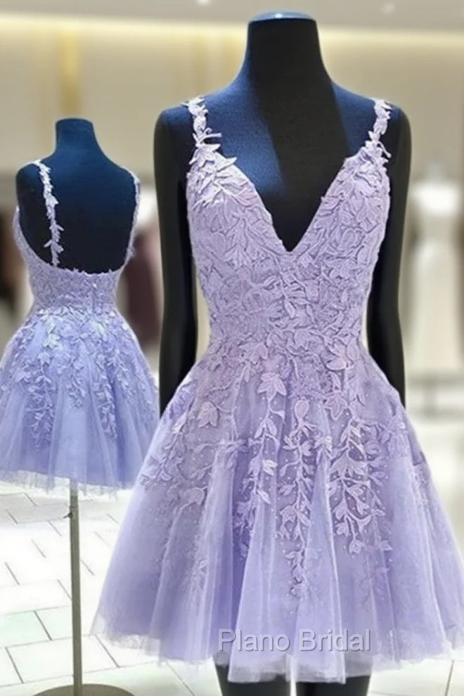 A-line V Neck Sleeveless Lace Tulle Short/Mini Homecoming Dresses With Appliqued Beading Main image