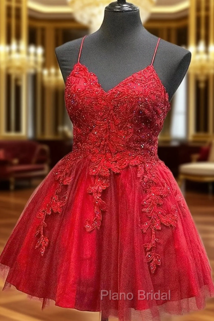 A-line V Neck Sleeveless Lace Tulle Short/Mini Homecoming Dresses With Beading Main image