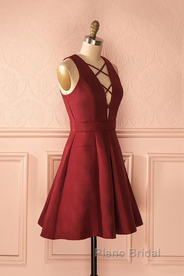 A-Line V-Neck Sleeveless Lace-Up Short Burgundy Satin Homecoming Dresses Secondary image