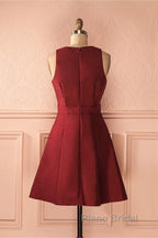 A-Line V-Neck Sleeveless Lace-Up Short Burgundy Satin Homecoming Dresses