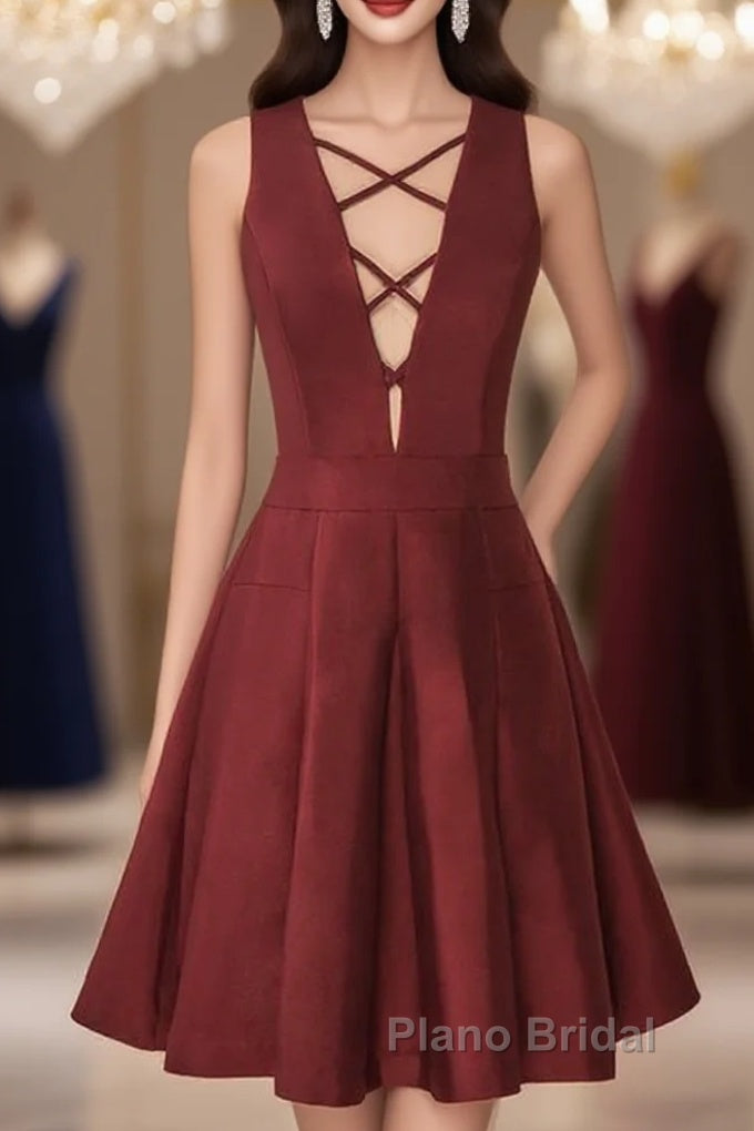 A-Line V-Neck Sleeveless Lace-Up Short Burgundy Satin Homecoming Dresses Main image