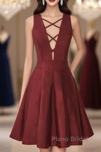 A-Line V-Neck Sleeveless Lace-Up Short Burgundy Satin Homecoming Dresses