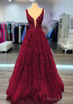 A-line V Neck Sleeveless Long/Floor-Length Lace Prom Dresses With Beading