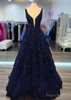 A-line V Neck Sleeveless Long/Floor-Length Lace Prom Dresses With Beading