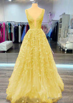 A-line V Neck Sleeveless Long/Floor-Length Lace Prom Dresses With Beading